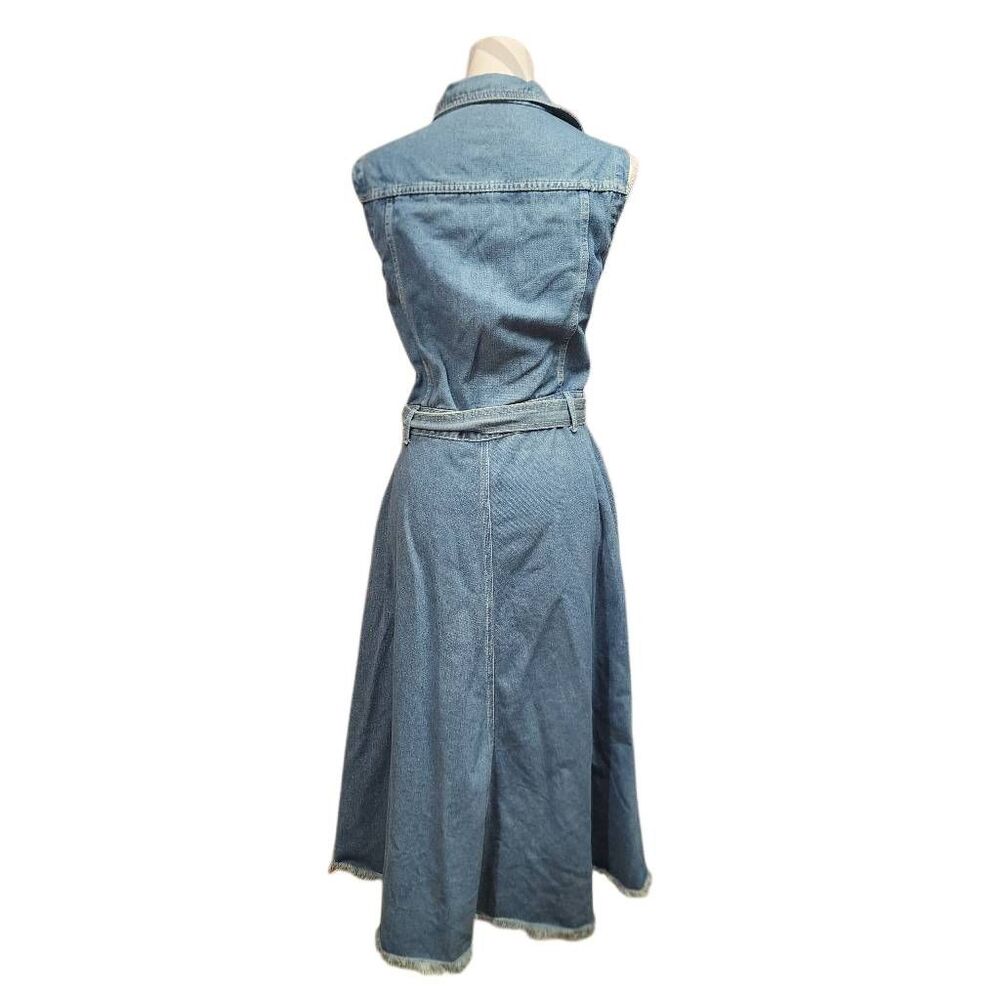 Women's Denim Shirt Dress Sleeveless Belted Frayed Hem Button Front Size L NWOT - Picture 3 of 7